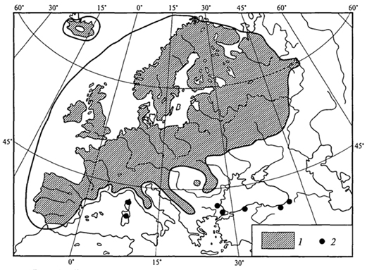 Рис. 31. Распространение вереска в Европе (Г.Вальтер, 1982): 1 - основное распространение; 2 -удаленные местонахождения за пределами основного распространения