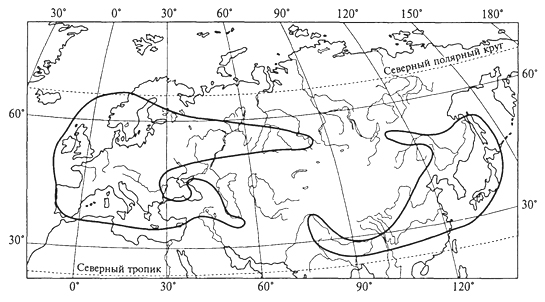 Рис. 42. Типичное положение областей разрыва ареалов позвоночных животных Евразии (Е.Н.Матюшкин, 1976)